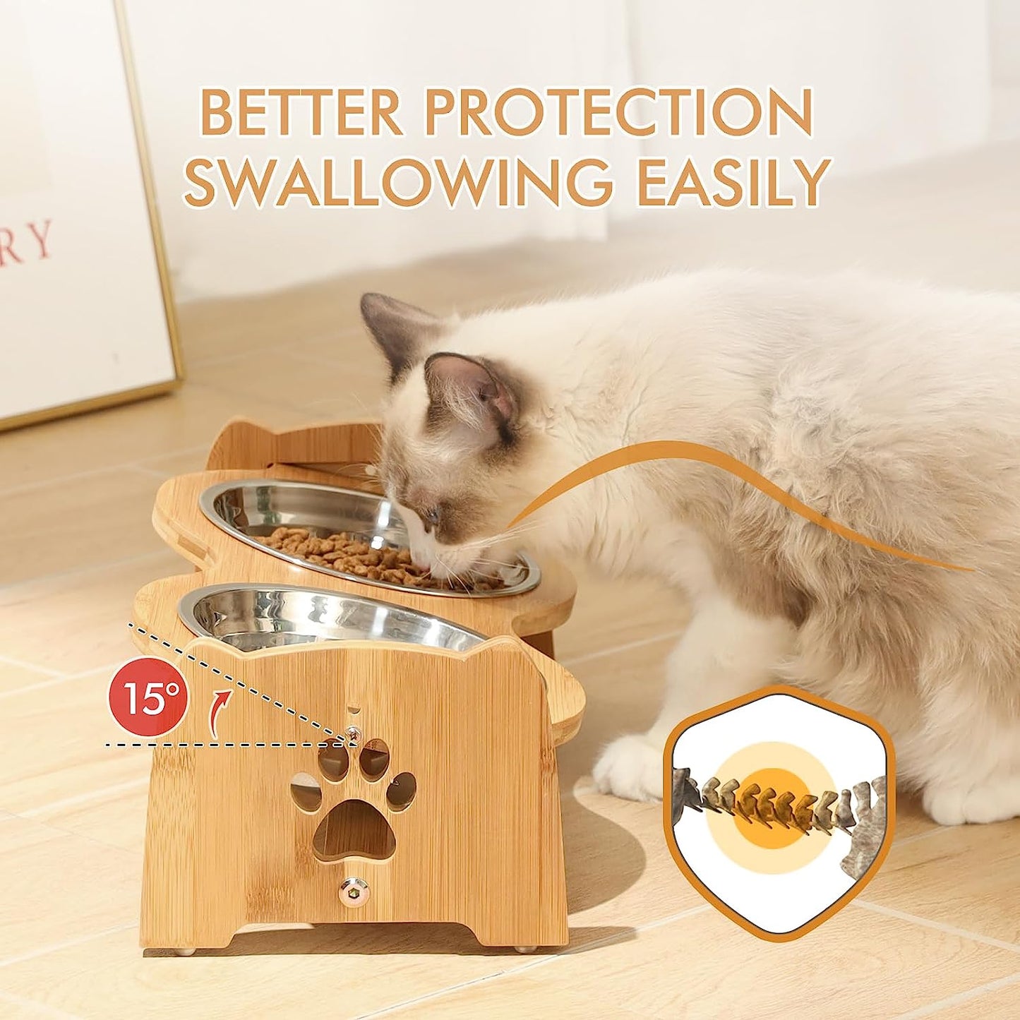 Adjustable Bamboo Elevated Dog and Cat Bowls with Stainless Steel Bowls and Anti-Slip Feet (4" to 4.5" Height)