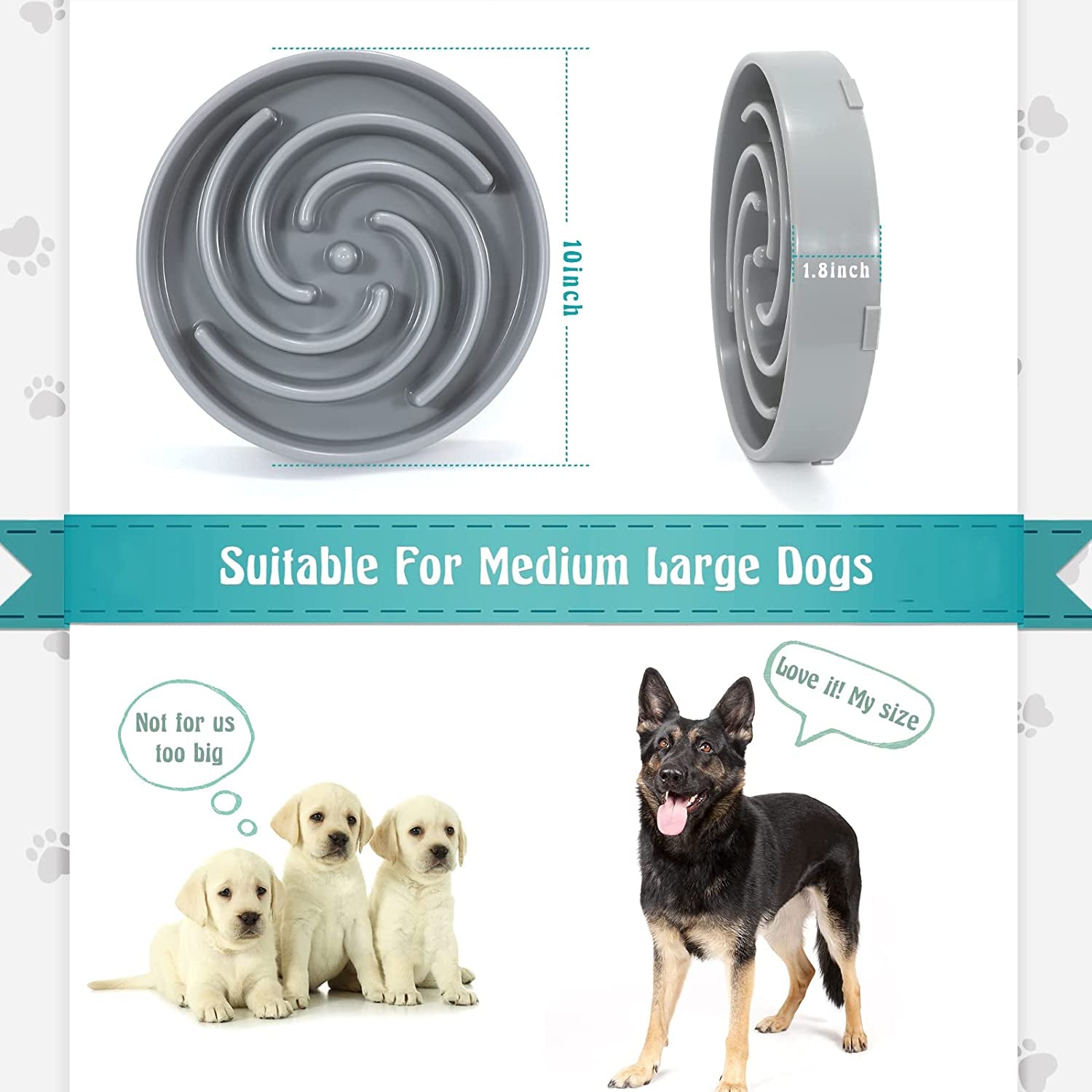 Large Non-Slip Slow Feeder Dog Bowl for Medium to Large Breeds - Interactive Maze Puzzle Design to Promote Healthy Eating and Prevent Choking - Light Gray