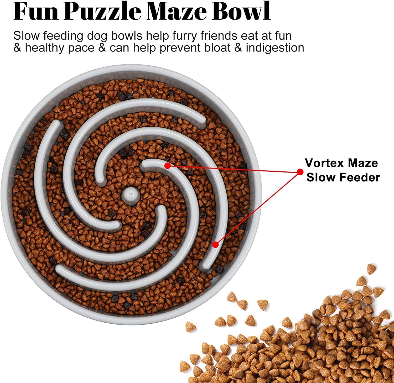 Large Non-Slip Slow Feeder Dog Bowl for Medium to Large Breeds - Interactive Maze Puzzle Design to Promote Healthy Eating and Prevent Choking - Light Gray