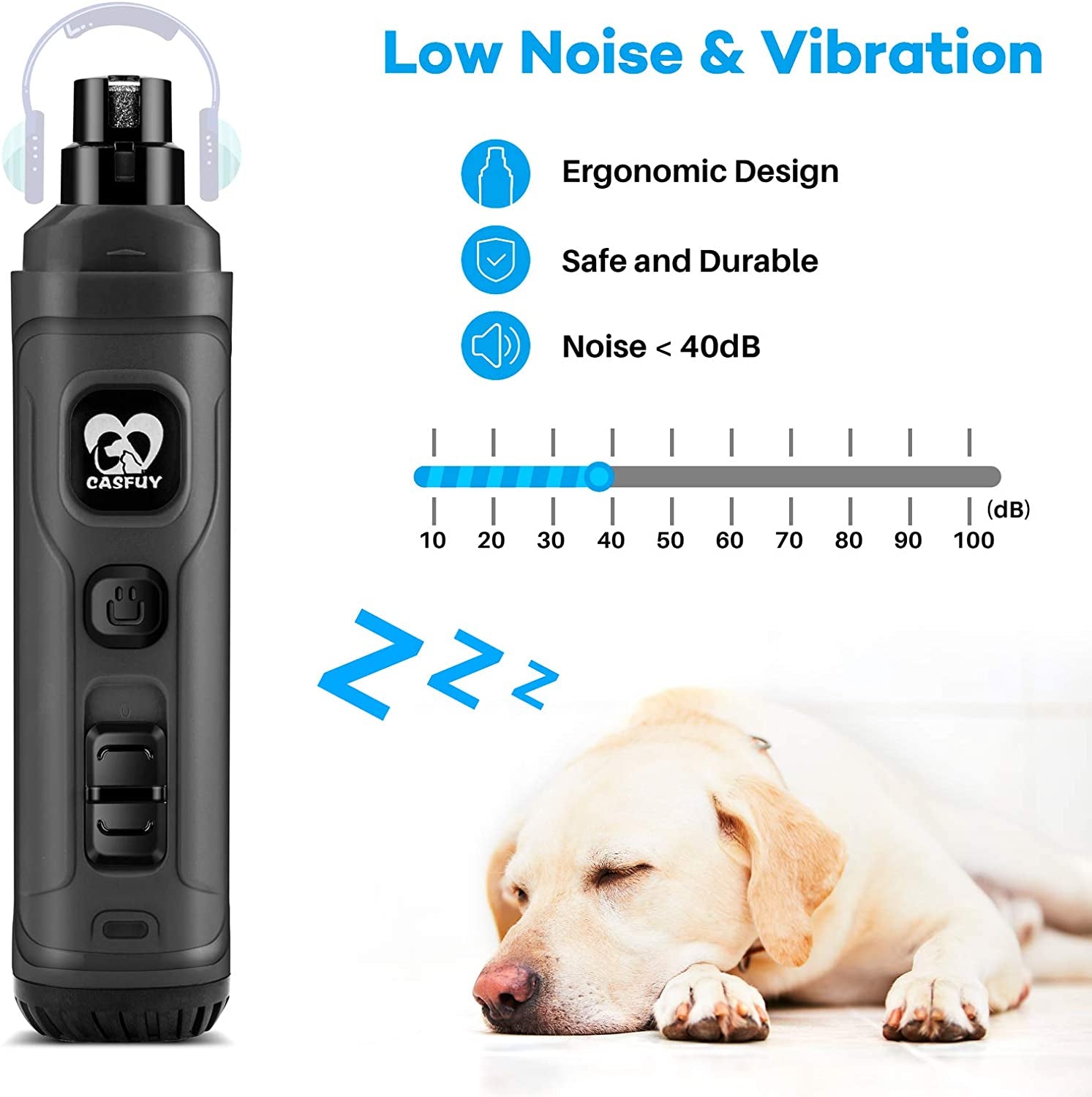 Professional Electric Dog Nail Grinder with Dual LED Lights - Updated 2-Speed Quiet and Painless Trimmer for Grooming Small, Medium, and Large Dogs and Cats (Grey)