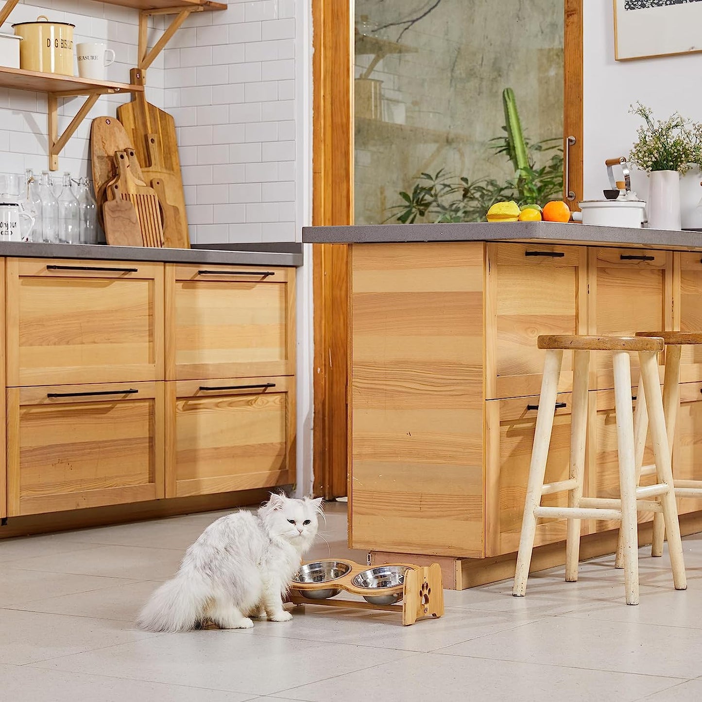 Adjustable Bamboo Elevated Dog and Cat Bowls with Stainless Steel Bowls and Anti-Slip Feet (4" to 4.5" Height)