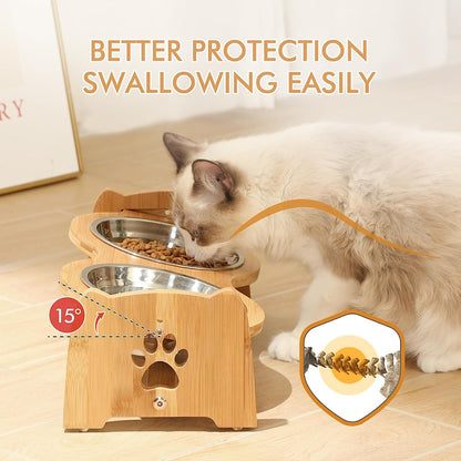Adjustable Bamboo Elevated Dog and Cat Bowls with Stainless Steel Bowls and Anti-Slip Feet (4" to 4.5" Height)