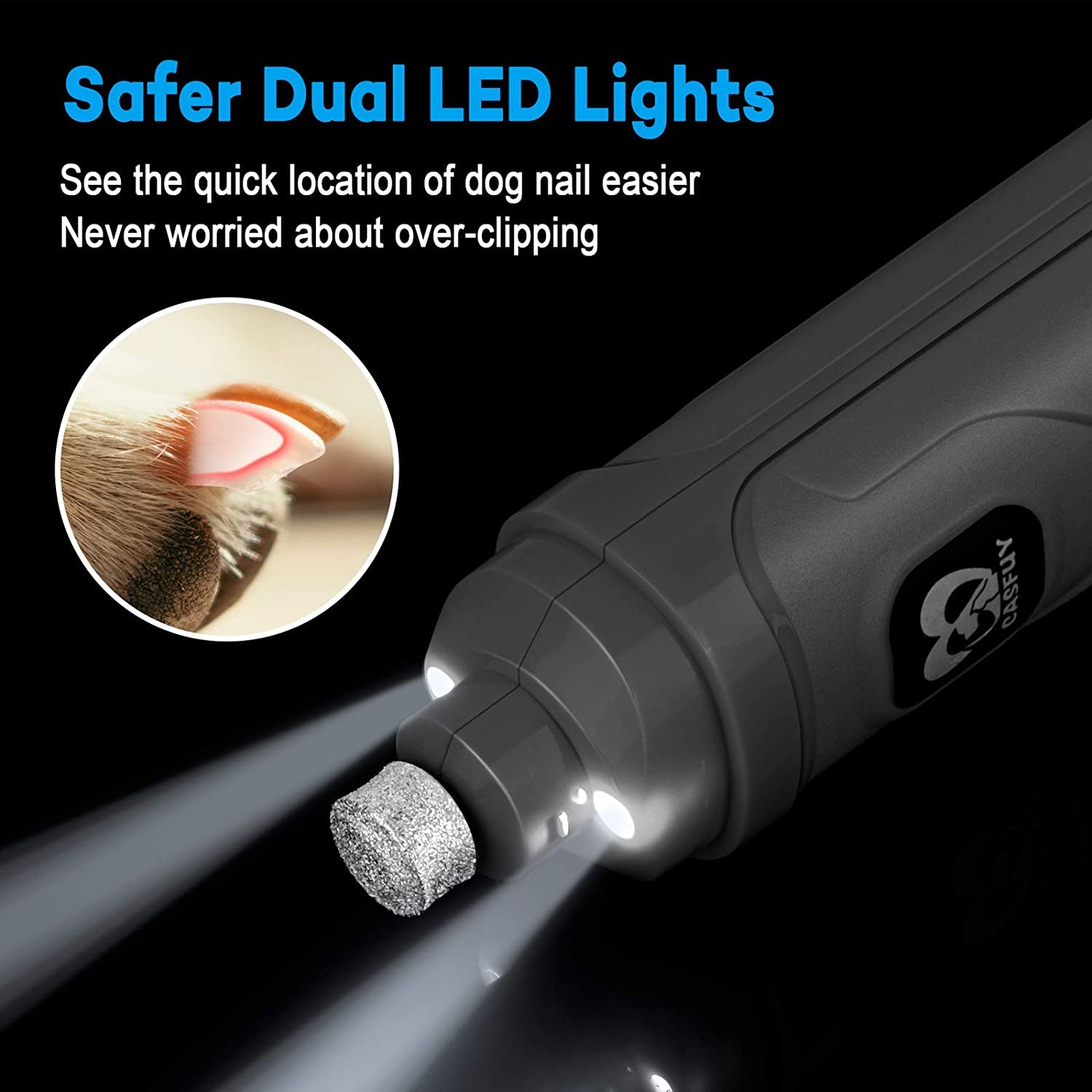 Professional Electric Dog Nail Grinder with Dual LED Lights - Updated 2-Speed Quiet and Painless Trimmer for Grooming Small, Medium, and Large Dogs and Cats (Grey)