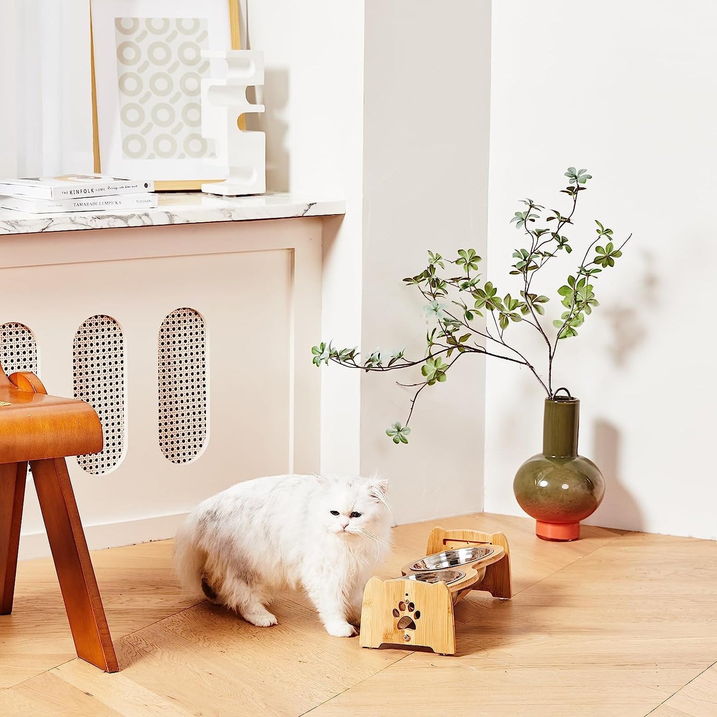 Adjustable Bamboo Elevated Dog and Cat Bowls with Stainless Steel Bowls and Anti-Slip Feet (4" to 4.5" Height)