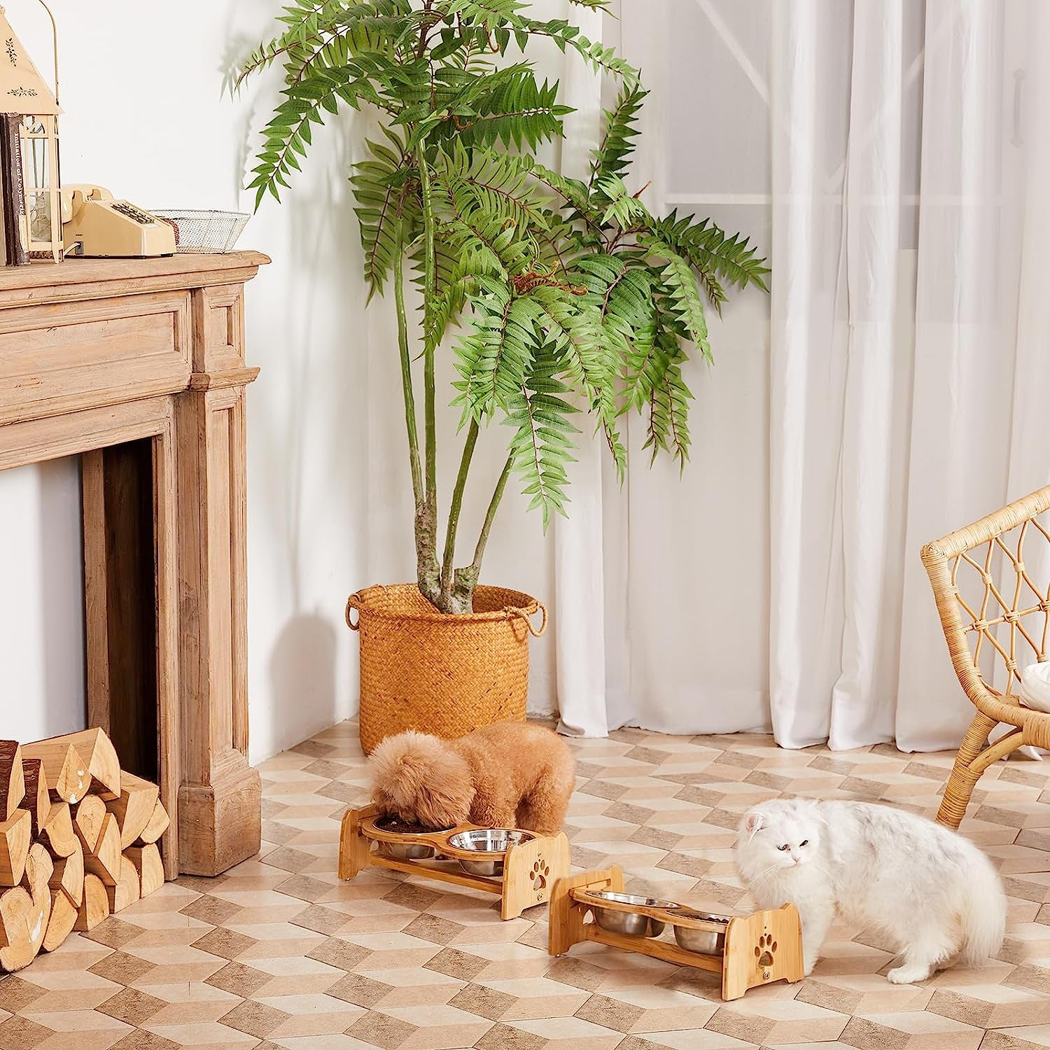 Adjustable Bamboo Elevated Dog and Cat Bowls with Stainless Steel Bowls and Anti-Slip Feet (4" to 4.5" Height)