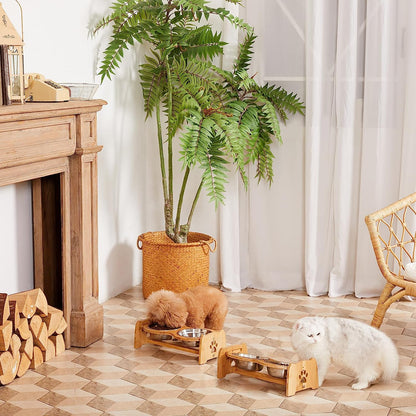 Adjustable Bamboo Elevated Dog and Cat Bowls with Stainless Steel Bowls and Anti-Slip Feet (4" to 4.5" Height)