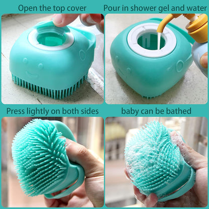 Soft Silicone Pet Bath Brush with Shampoo Dispenser for Dogs and Cats - Grooming Shower Scrubber (Blue)
