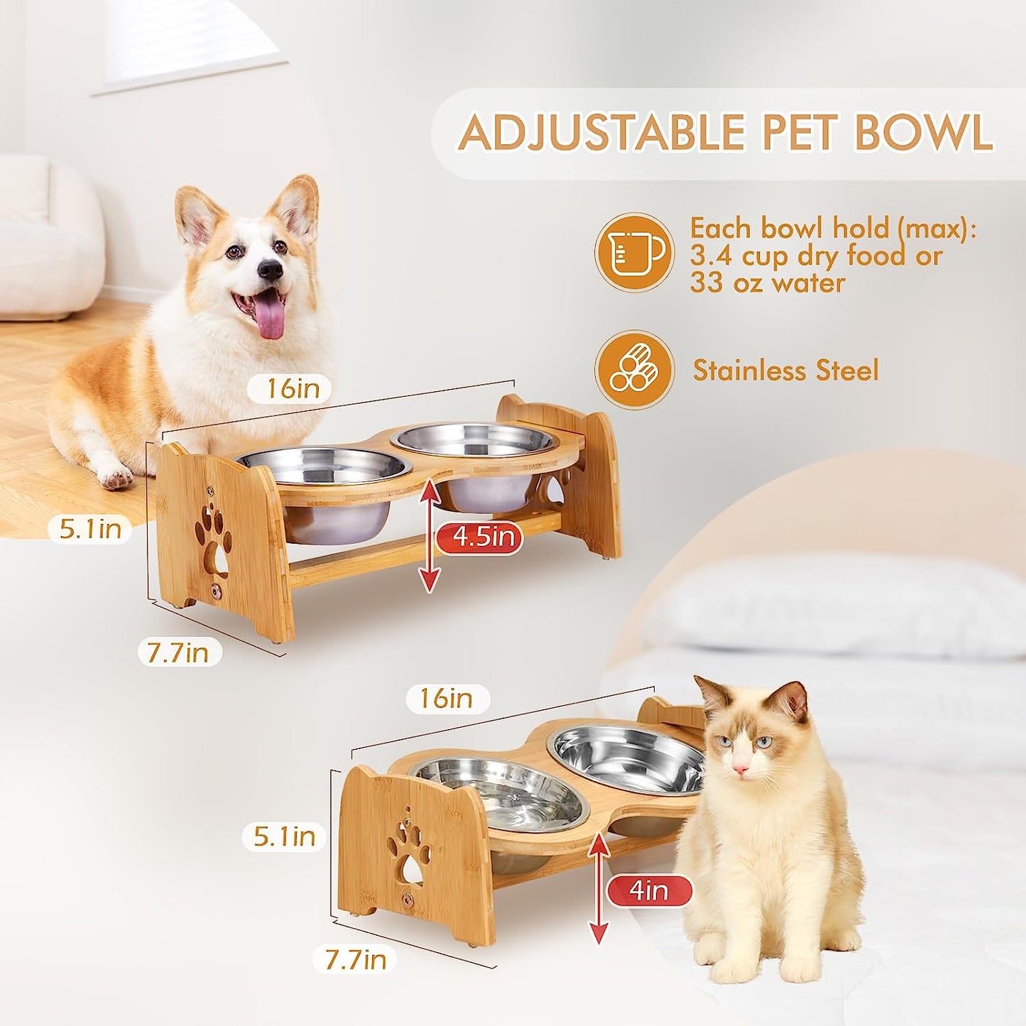 Adjustable Bamboo Elevated Dog and Cat Bowls with Stainless Steel Bowls and Anti-Slip Feet (4" to 4.5" Height)