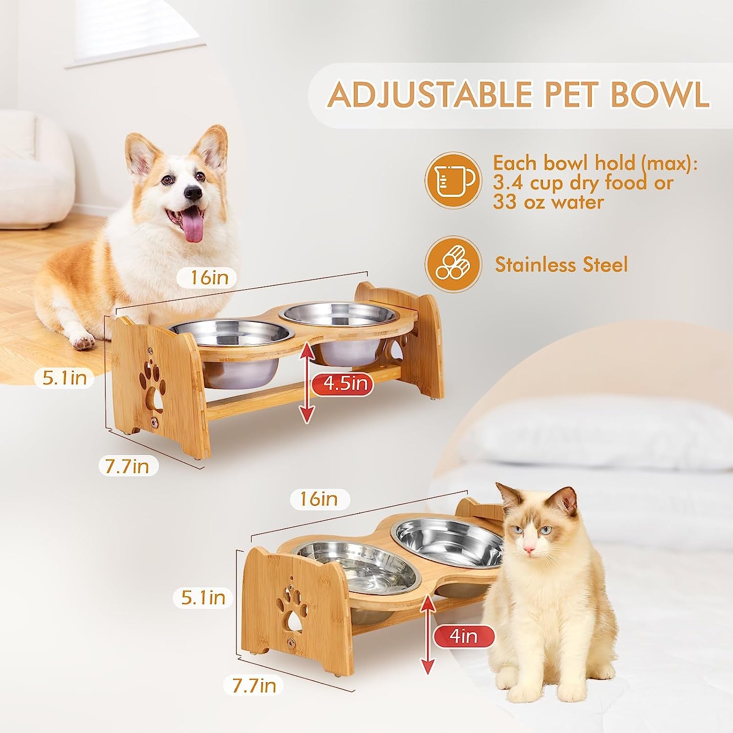 Adjustable Bamboo Elevated Dog and Cat Bowls with Stainless Steel Bowls and Anti-Slip Feet (4" to 4.5" Height)