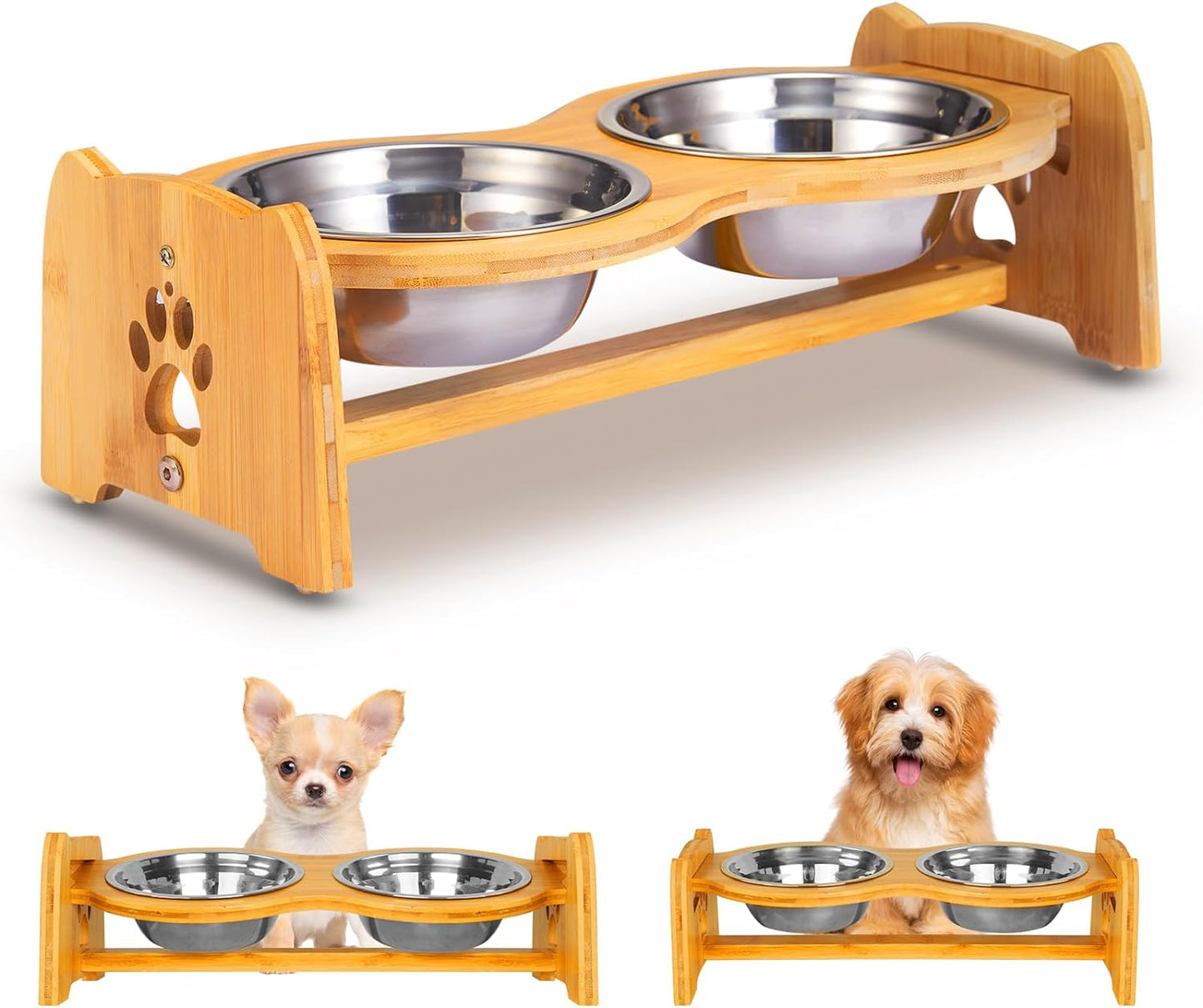Adjustable Bamboo Elevated Dog and Cat Bowls with Stainless Steel Bowls and Anti-Slip Feet (4" to 4.5" Height)