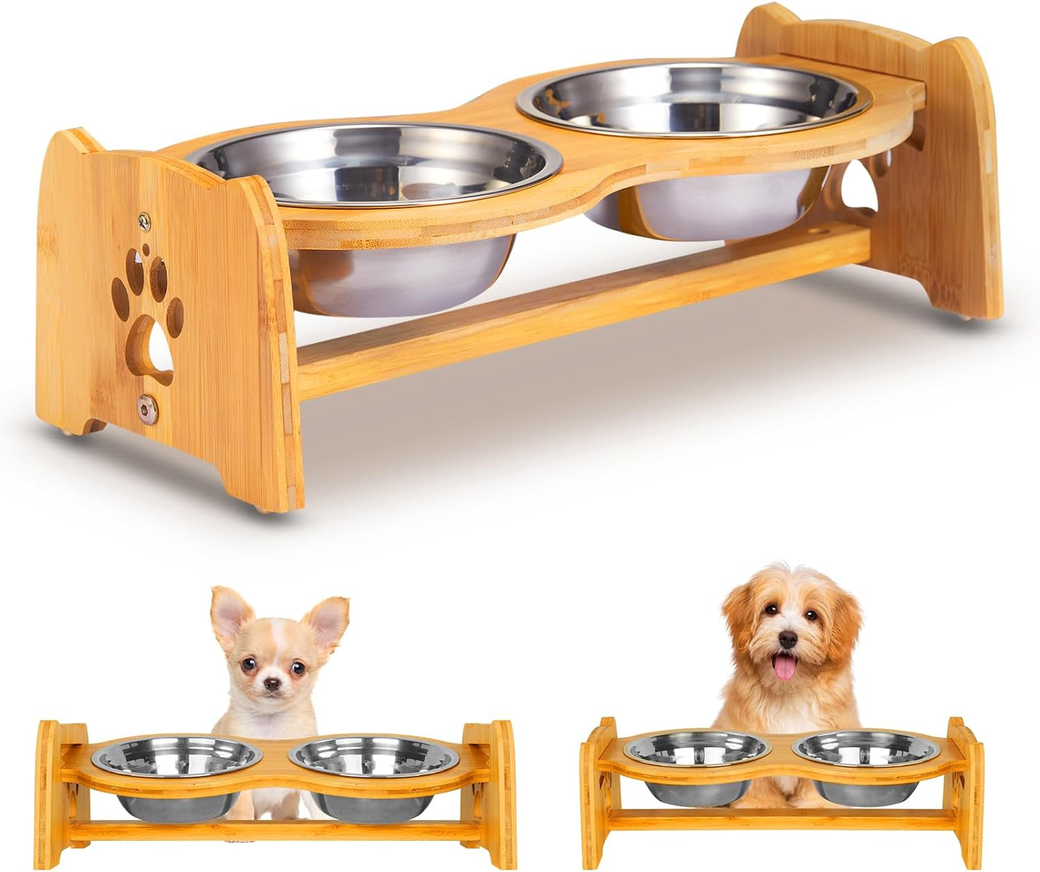 Adjustable Bamboo Elevated Dog and Cat Bowls with Stainless Steel Bowls and Anti-Slip Feet (4" to 4.5" Height)