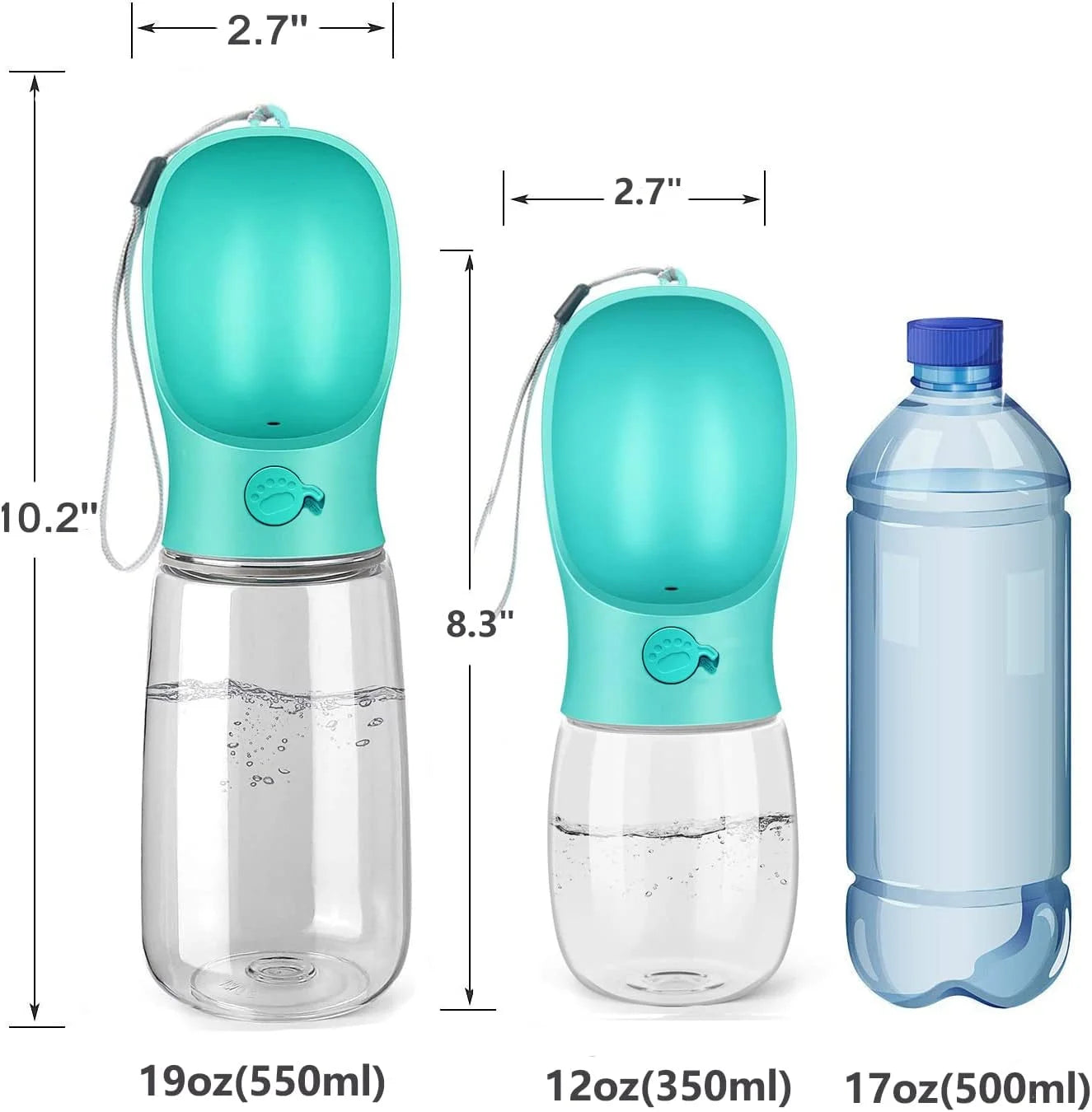 8.3 x 2.5-Inch Dog Water Bottle, 12 Oz Leak-Proof Portable Pet Water Dispenser with Drinking Feeder for Outdoor Activities - Food Grade Plastic, Blue
