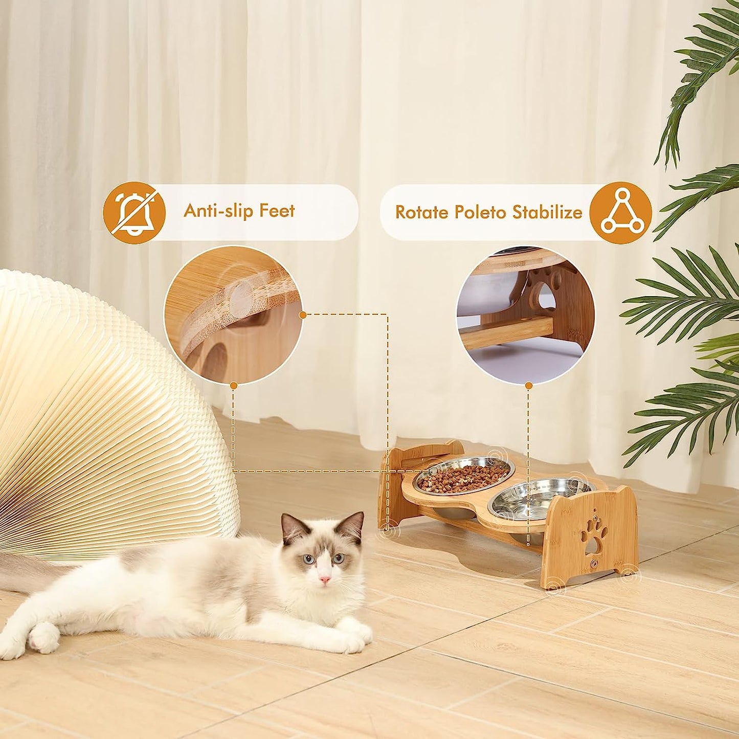 Adjustable Bamboo Elevated Dog and Cat Bowls with Stainless Steel Bowls and Anti-Slip Feet (4" to 4.5" Height)
