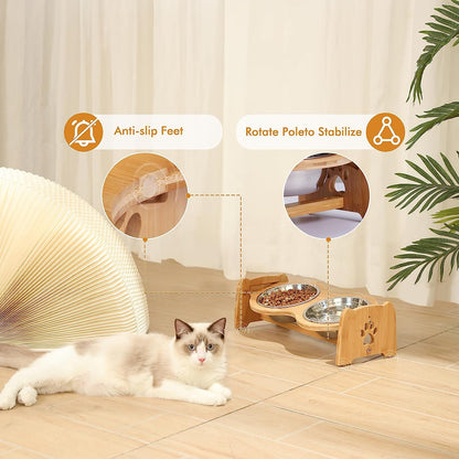 Adjustable Bamboo Elevated Dog and Cat Bowls with Stainless Steel Bowls and Anti-Slip Feet (4" to 4.5" Height)