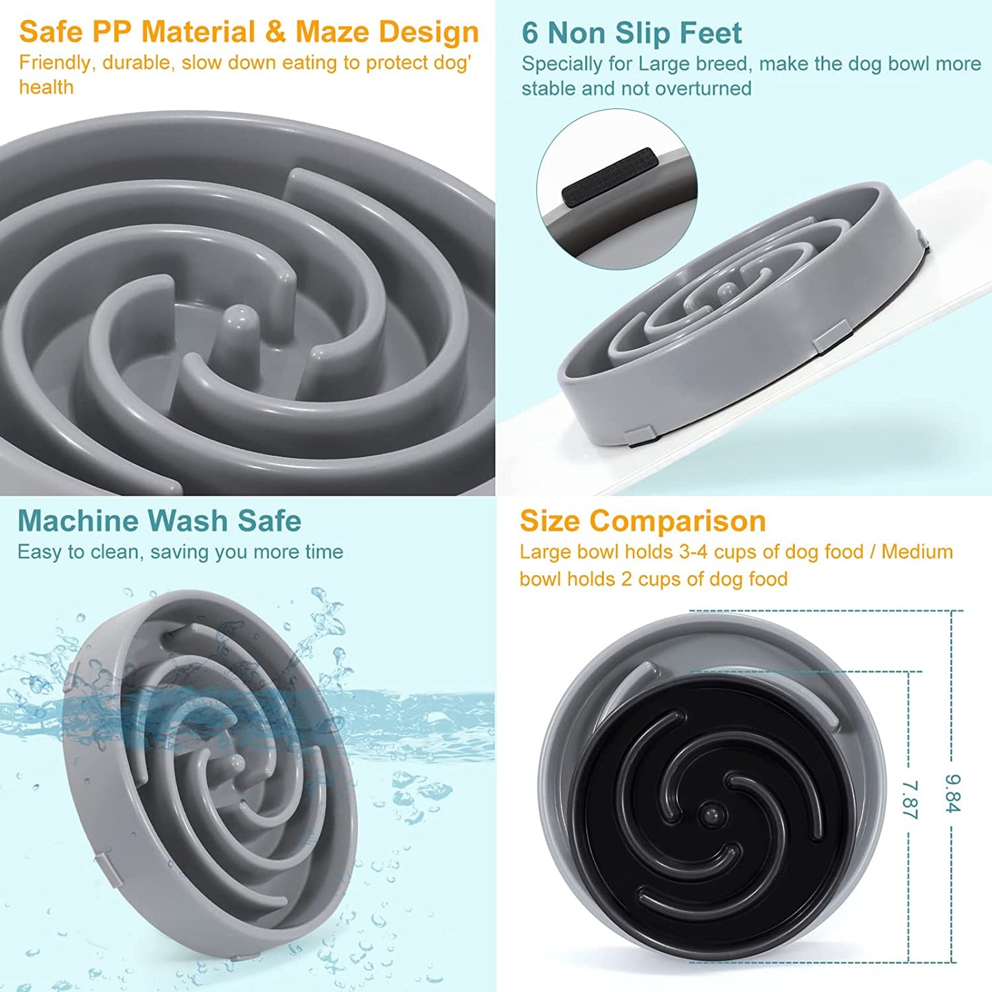 Large Non-Slip Slow Feeder Dog Bowl for Medium to Large Breeds - Interactive Maze Puzzle Design to Promote Healthy Eating and Prevent Choking - Light Gray