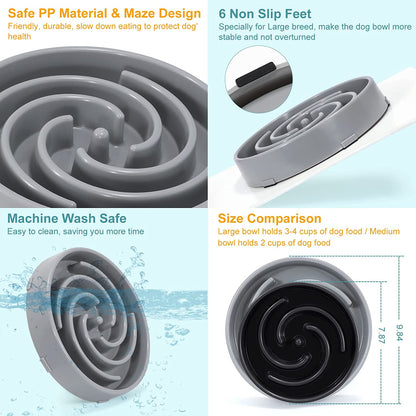Large Non-Slip Slow Feeder Dog Bowl for Medium to Large Breeds - Interactive Maze Puzzle Design to Promote Healthy Eating and Prevent Choking - Light Gray
