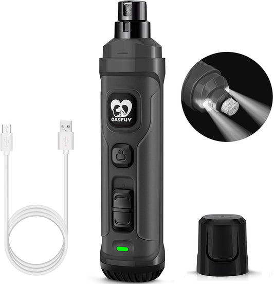 Professional Electric Dog Nail Grinder with Dual LED Lights - Updated 2-Speed Quiet and Painless Trimmer for Grooming Small, Medium, and Large Dogs and Cats (Grey)