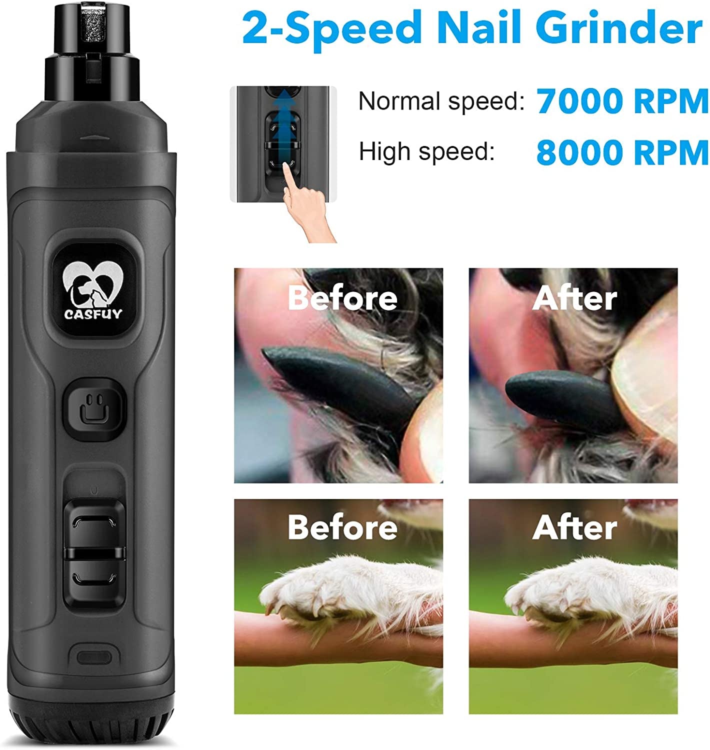 Professional Electric Dog Nail Grinder with Dual LED Lights - Updated 2-Speed Quiet and Painless Trimmer for Grooming Small, Medium, and Large Dogs and Cats (Grey)